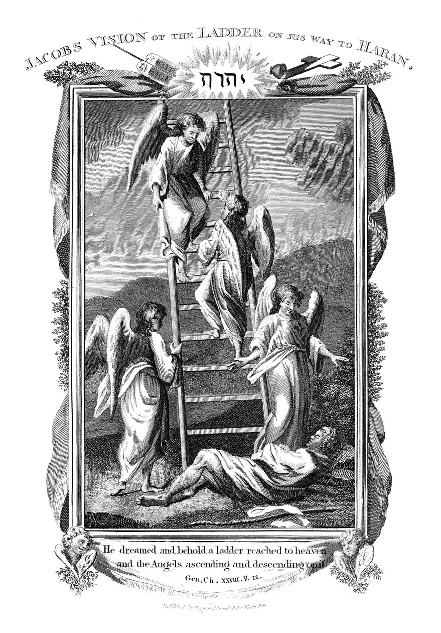 Jacobův sen o andělech, kteří vystupují a sestupují po žebříku do nebe, c1808 od Unbekannt