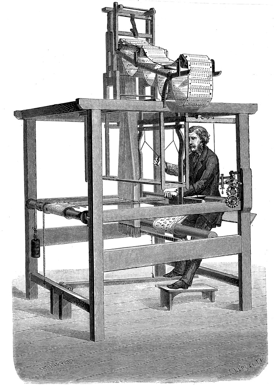 Žakárový tkalcovský stav s lupy děrných štítků, z nichž byl utkán vzor, 1876 od Unbekannt