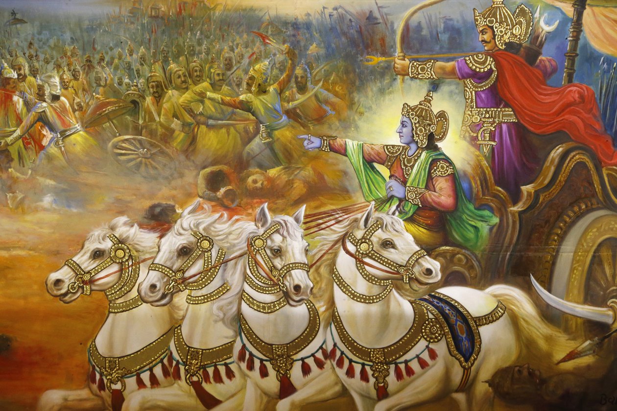 Hinduistický chrám Jalaram Modlitba, Leicester. Freska. Krišna Chariotir, který vede Arjunu na bitevním poli Kurukshetra. Spojené království od Unbekannt