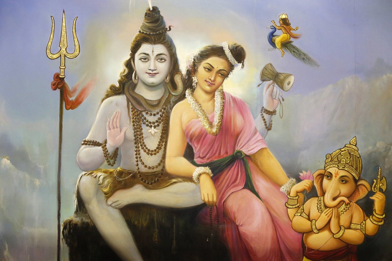 Hinduistický chrám Jalarama Pratta, Leicester. Fresky ukládající Shiva, Parvati a Ganesh. Spojené království od Unbekannt