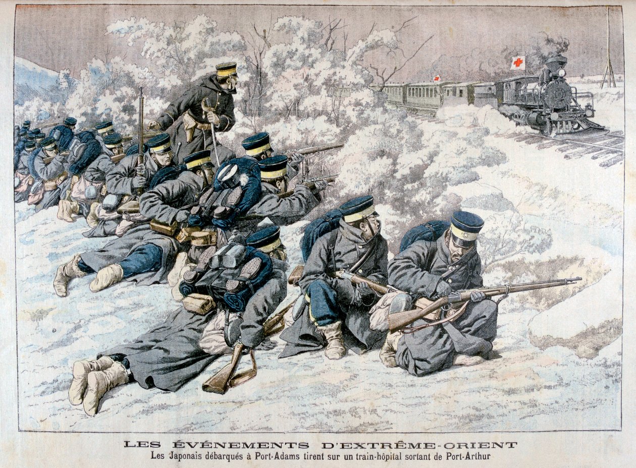 Japonský útok na nemocniční vlak poblíž Port Arthur, Mandžusko, rusko-japonská válka, 1904 od Unbekannt