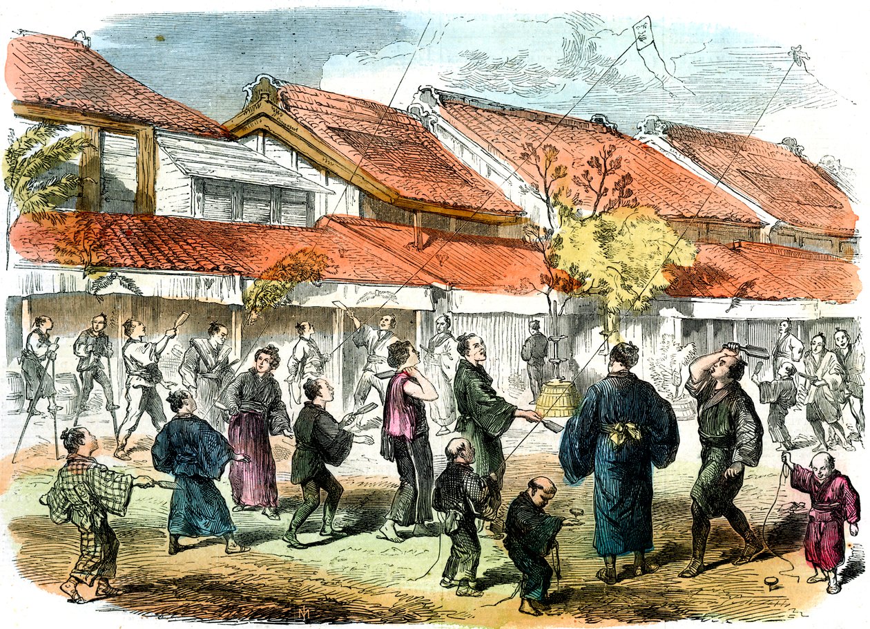 Japonská hra Battledore a pérák v ulicích Jokohamy, 1865 od Unbekannt
