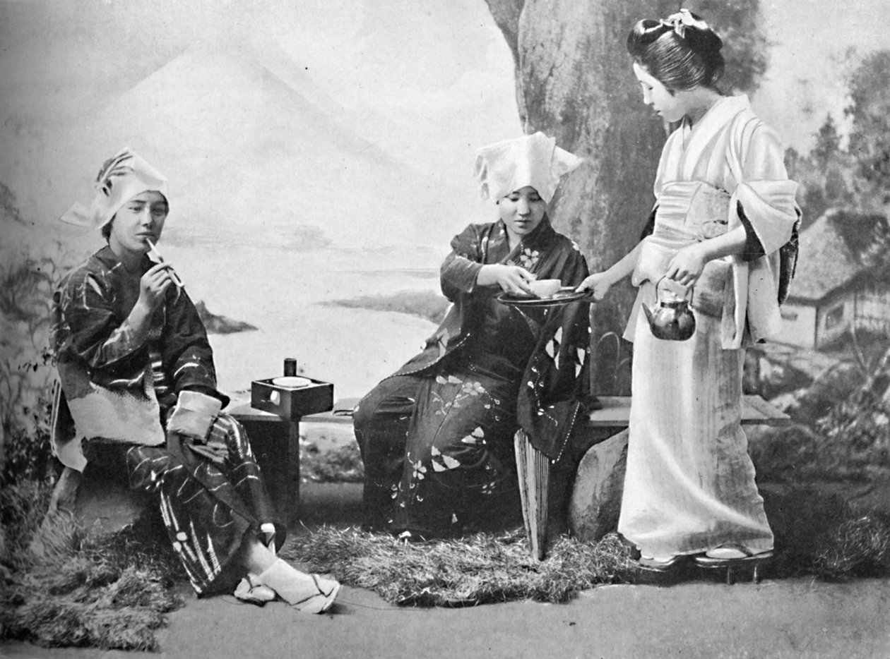 Japonské rolnické dívky popíjející čaj na odpočívadle u cesty, 1902 od Unbekannt