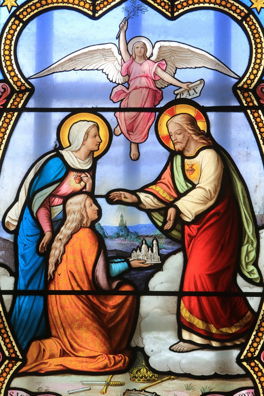 Ježíš Kristus a Panna Maria. Vitráž. Svatyně Panny Marie z la Salette, La Salette-Fallavaux, Francie od Unbekannt