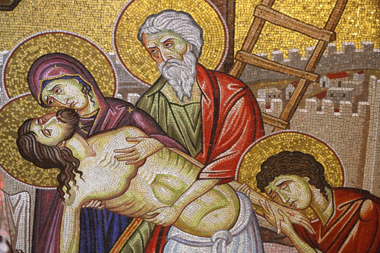 Ježíš dolů z kříže, detail mozaikového umění, které zobrazuje pohřeb Ježíše Krista, kostel svatého hrobu, Jeruzalém, Izrael od Unbekannt