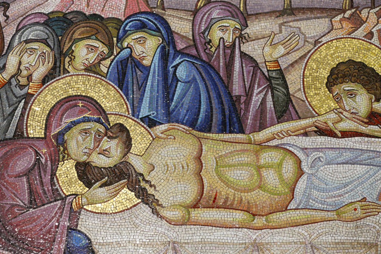 Ježíš položil na nový hrob Josefa z Arimatie, Detail mozaikového umění, které zobrazuje pohřeb Ježíše Krista, Kostel svatého hrobu, Jeruzalém, Izrael od Unbekannt