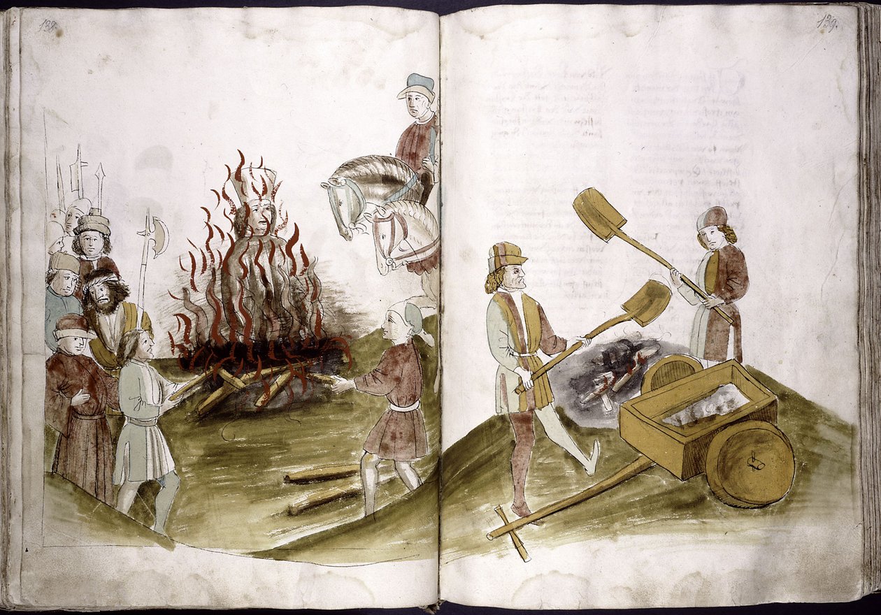 Jan Hus je upálen na hranici 6. července 1415 a jeho popel je vhozen do Rýna od: Ulrich Richental kronika hraběcí, 1414-1418 od Unbekannt