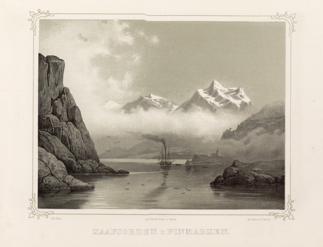 Kåfjord ve Finmarku. Ilustrace převzata z knihy Norsko reprezentovaná kresbami Asbjørnsen, P.Chr. Vydal Chr. Tønsberg (Norsko 1848) od Unbekannt