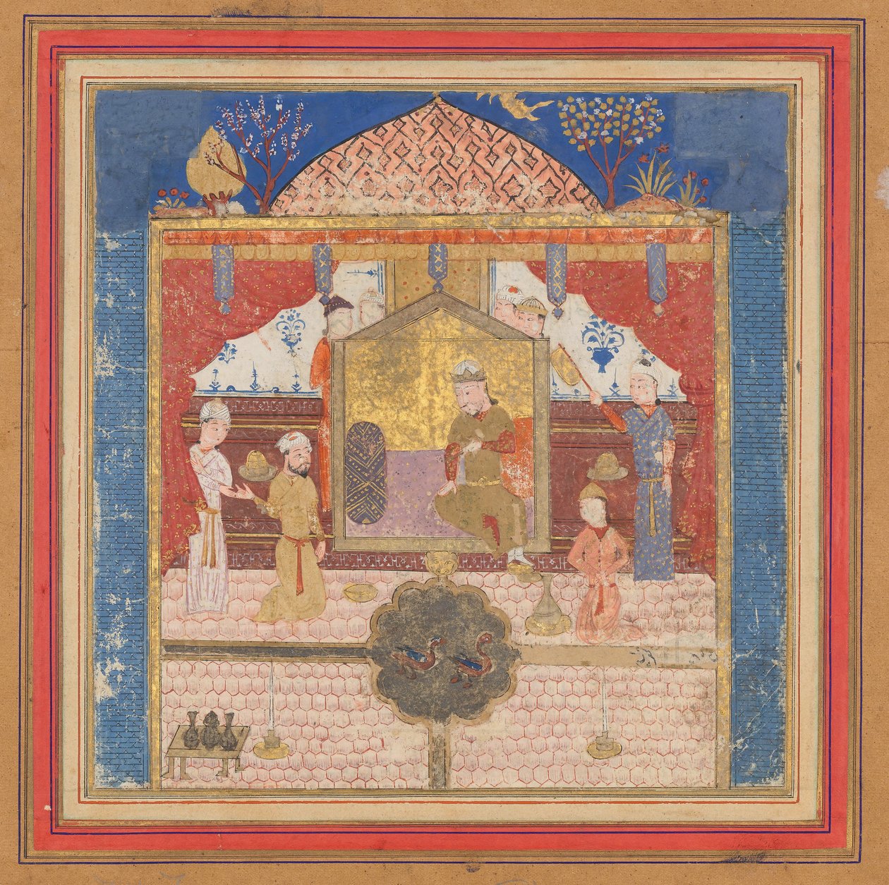 Khusrau Parveez před svým otcem Hurmuzdem, Folio od Shahnamy..., ca. 1430-40. od Unbekannt