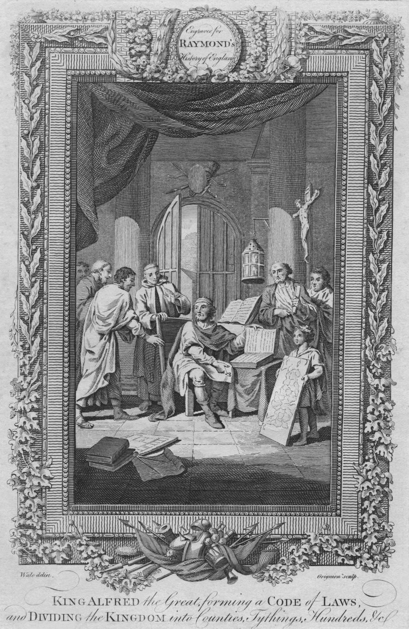 Král Alfréd Veliký, tvořící kodex zákonů a rozdělení království na kraje, c1787 od Unbekannt
