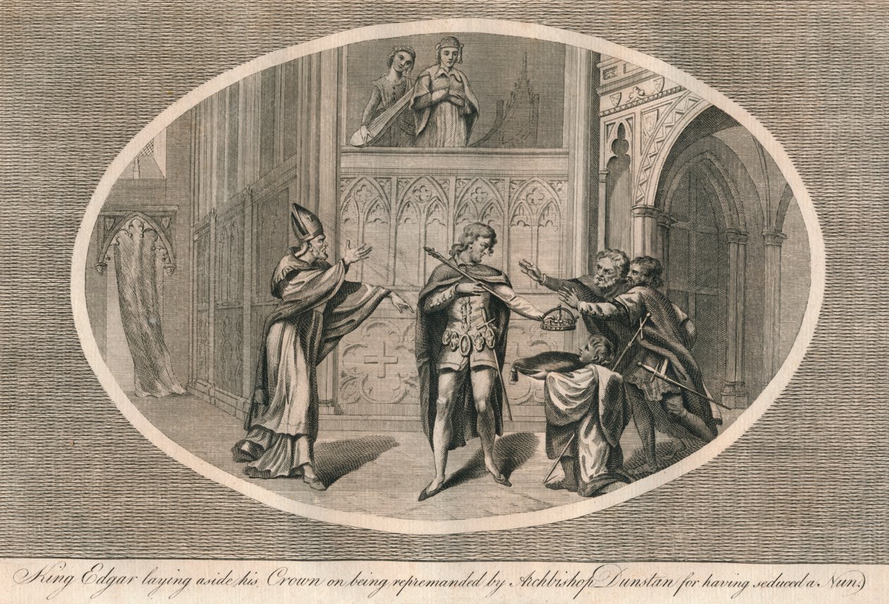 Král Edgar odkládá svou korunu, když byl napomenut arcibiskupem Dunstanem, 60. léta 1793 od Unbekannt