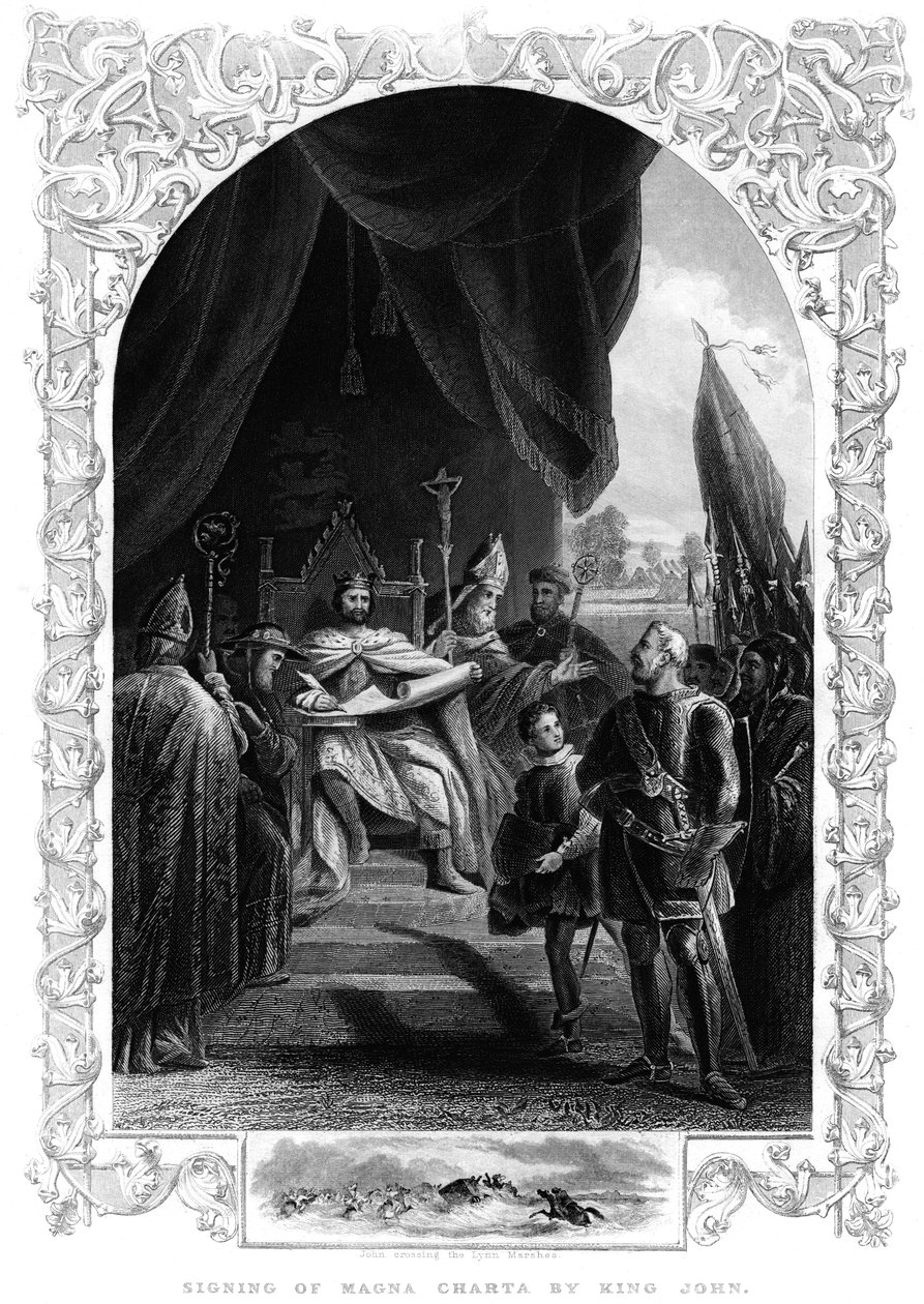 Král Jan 1167-1216 podepisuje Magna Chartu v Runnymede, 1215 od Unbekannt