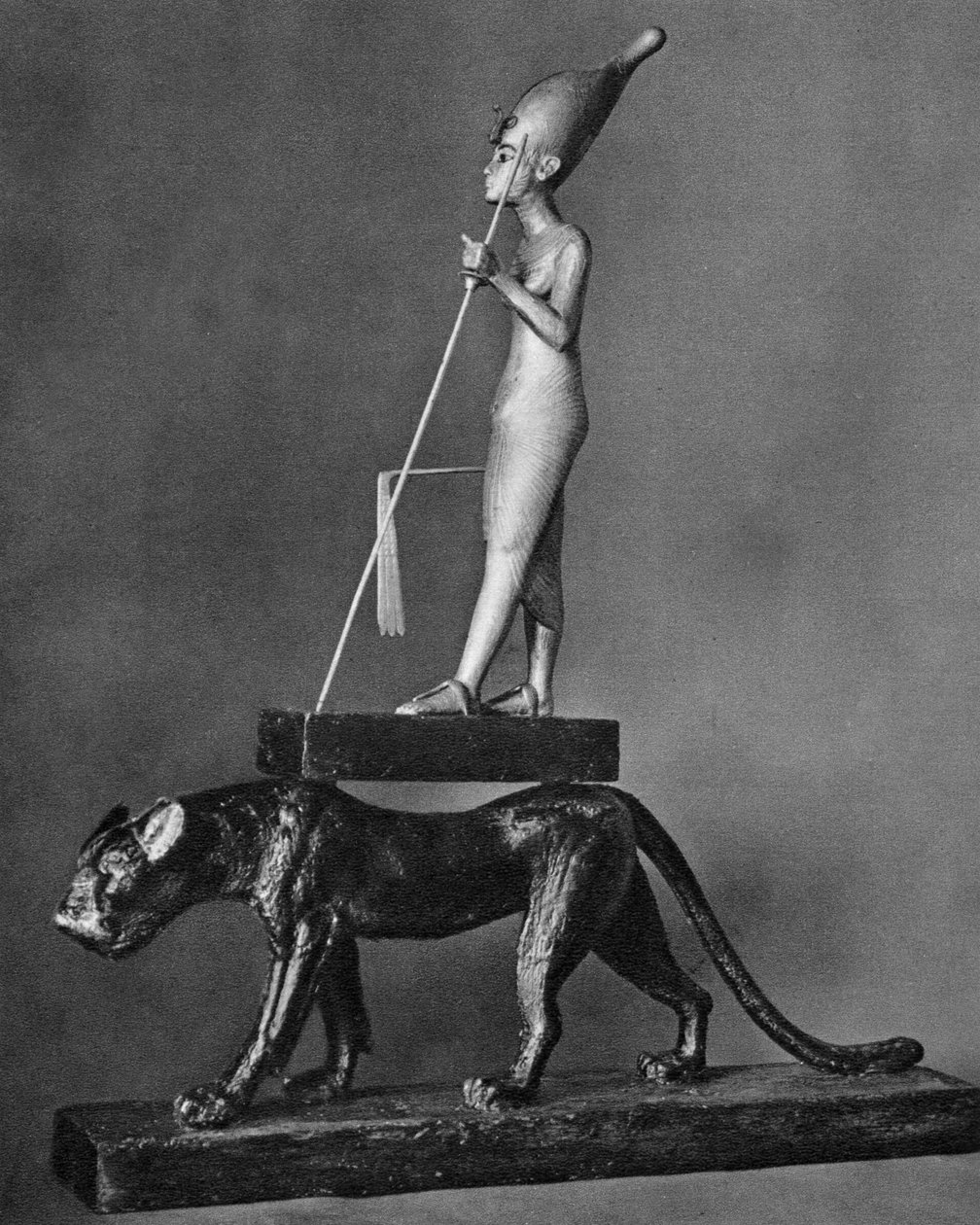 Král Tutanchamon c1341 př.nl-c1323 př.nl na černém leopardovi, 1936 od Unbekannt