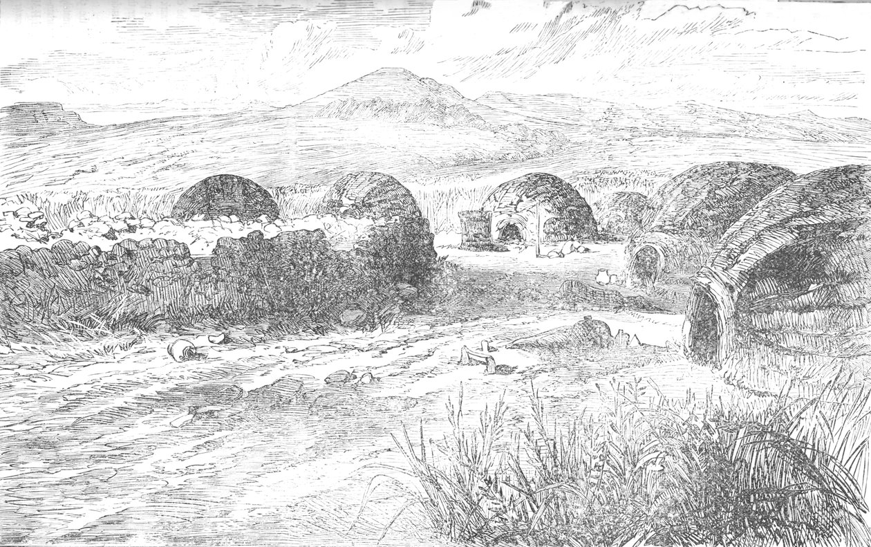 Kraal, kde princ Louis Napoleon a jeho družina sedlali a byli vystřeleni, kolem roku 1880 od Unbekannt
