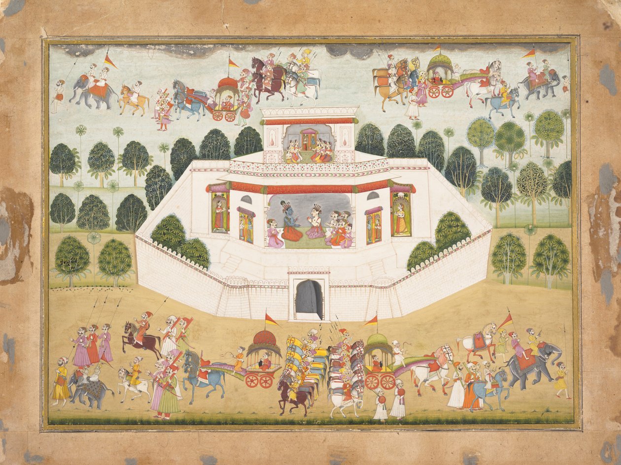 Krišna a Balarama v opevněném paláci: Stránka z rozptýlené Bhágavata Purány..., ca. 1700. od Unbekannt