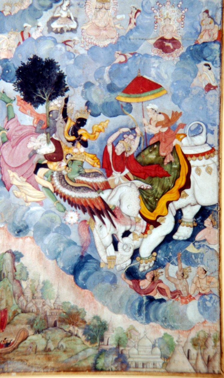Krišna, na koni Ptačího boha Garuda, bojuje s Bohem, Indra na slonovi, c1590. od Unbekannt