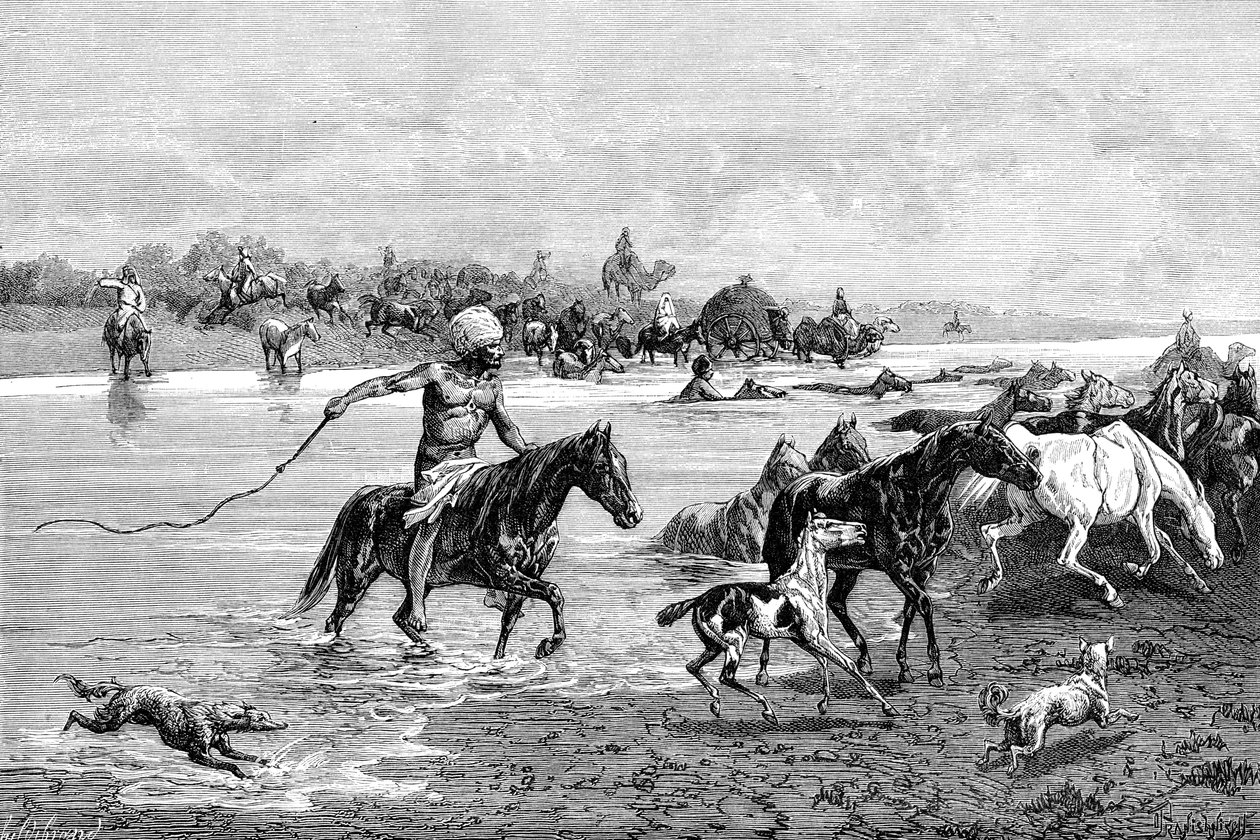 Kyrgyzové překročení řeky, Kyrgyzstán, 1895 od Unbekannt