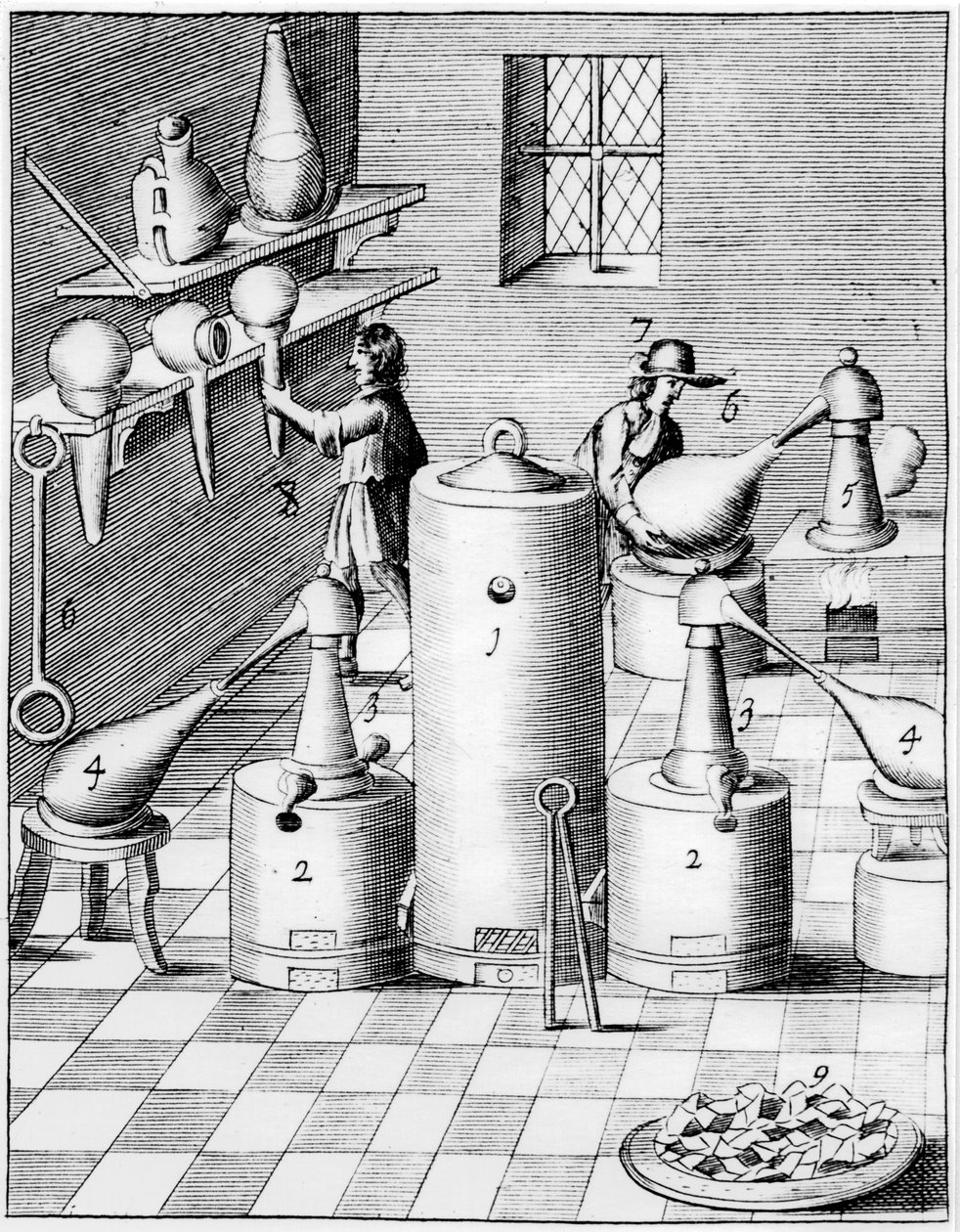 Laboratoř pro rafinaci zlata a stříbra, ukazující typické laboratorní vybavení, 1683 od Unbekannt