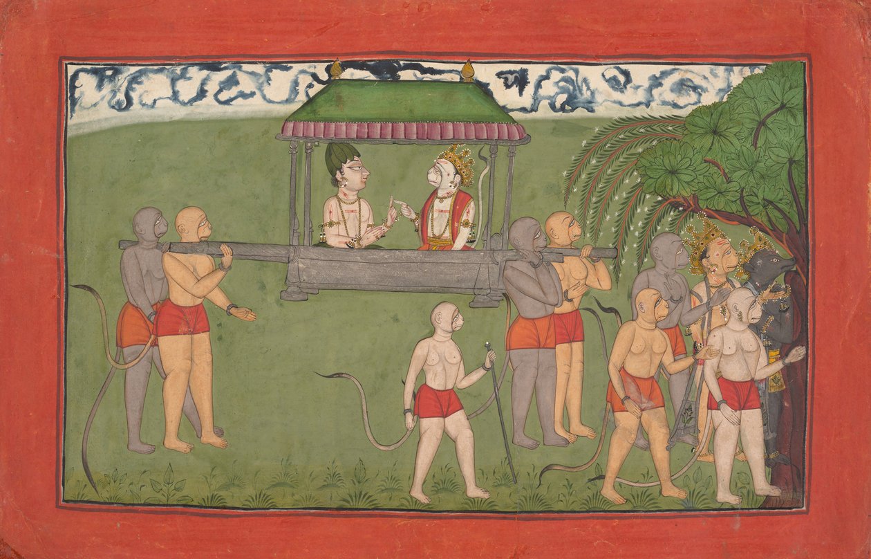 Lakshmana a Sugriva jsou neseni Palanquinem, aby obdrželi požehnání Ramas..., ca. 1710-25. od Unbekannt