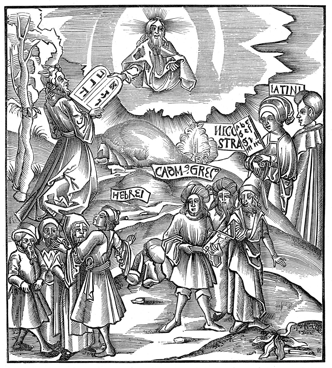 Jazyky: Mojžíš dostává od Boha desky zákona v hebrejštině, 1512 od Unbekannt