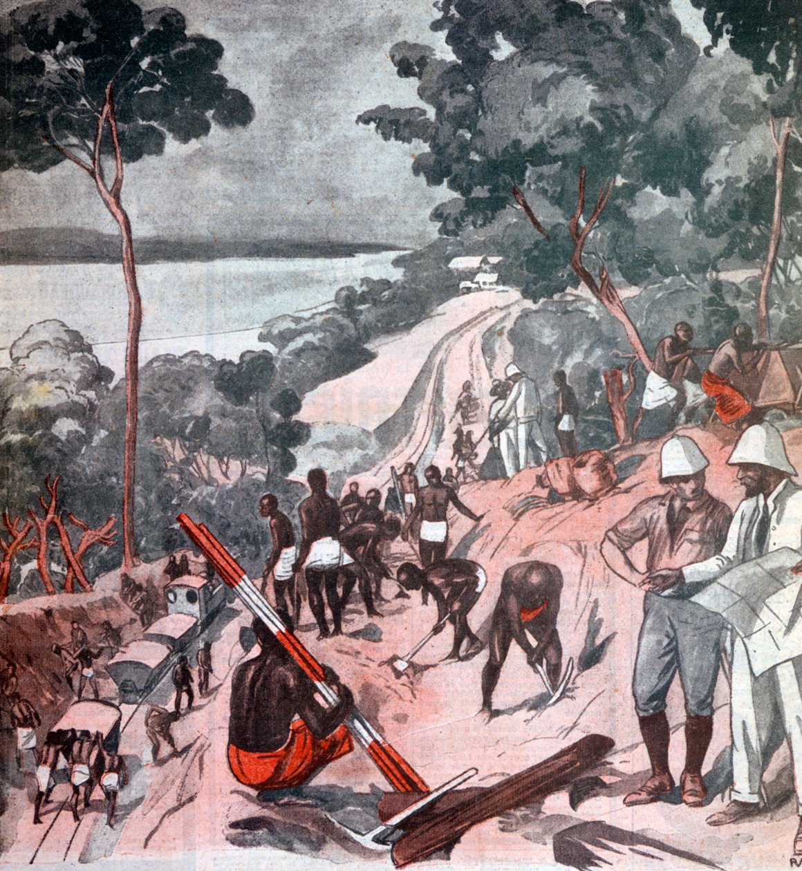 Pokládka železniční trati pod rovníkovým sluncem, Brazzaville, Kongo, 1924 od Unbekannt