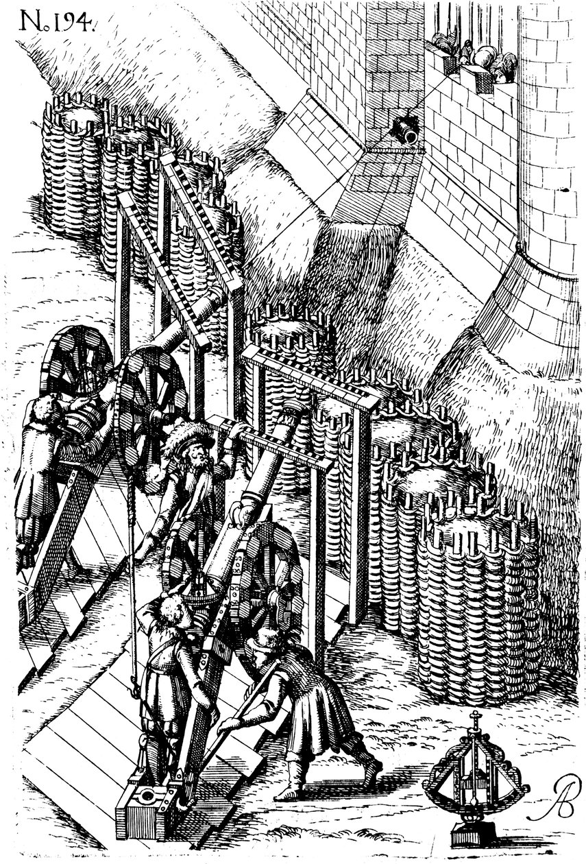 Položení obléhacího děla na cíl, ze stroje Le Different et artificiose, 1620 od Unbekannt