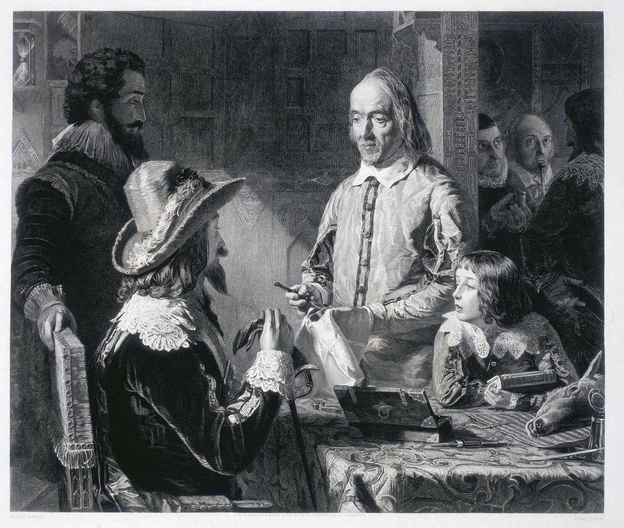 Anglický lékař William Harvey (1578-1637) montrant au roi Charles Ier Stuart d
