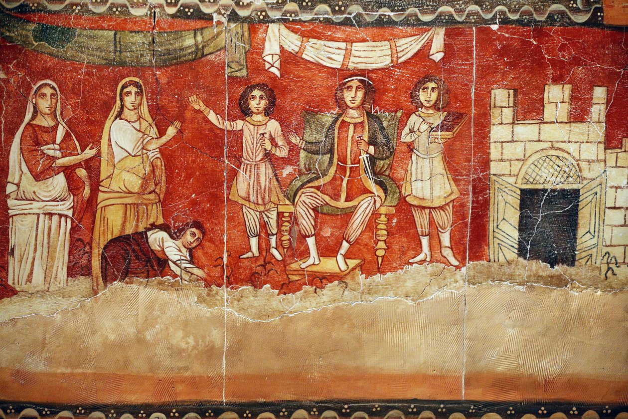 Faraon a dětství Mojžíše, freska ze synagogy v Doura (Dura) Europos, 244-245, uchovávaná v Národním muzeu v Damašku. Fotografie pořízená v židovském muzeu v New Yorku během výstavy. od Unbekannt