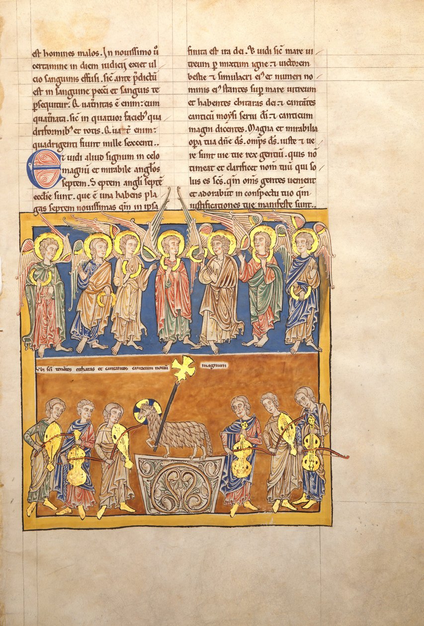 List z rukopisu Beatus: Sedm andělů drží poháry sedmi posledních ran..., ca. 1180. od Unbekannt