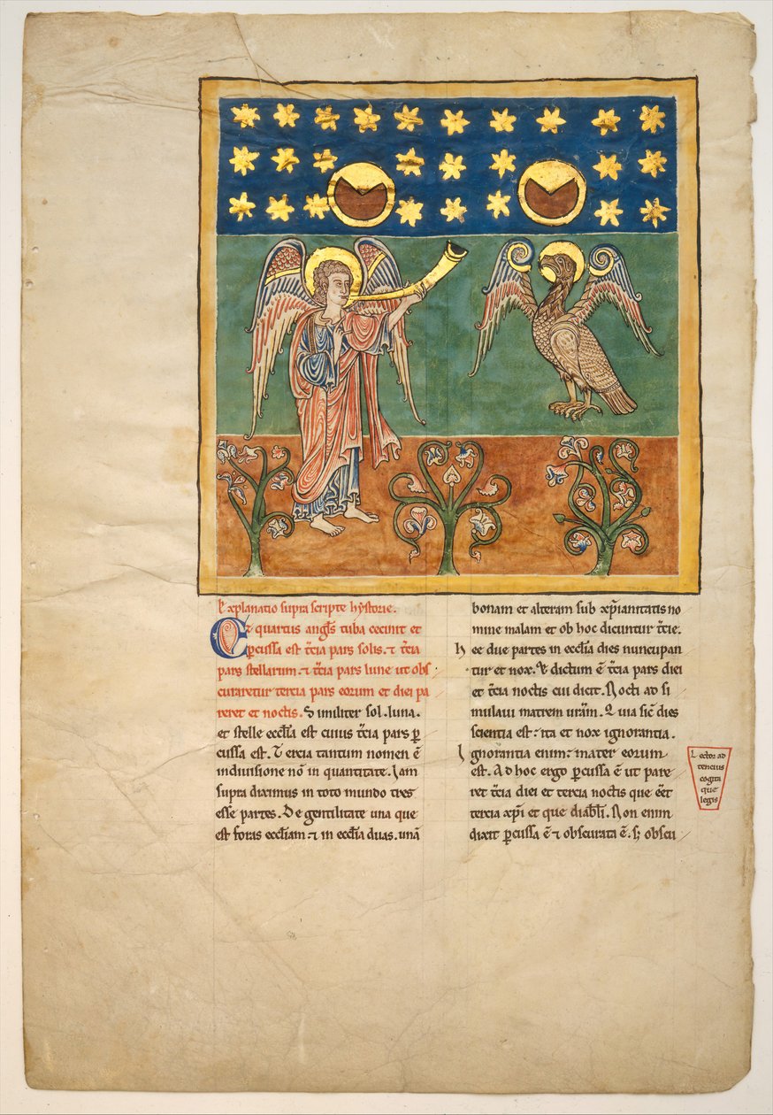 List z rukopisu Beatus: Čtvrtý anděl zatroubí na trubku a orel..., ca. 1180. od Unbekannt