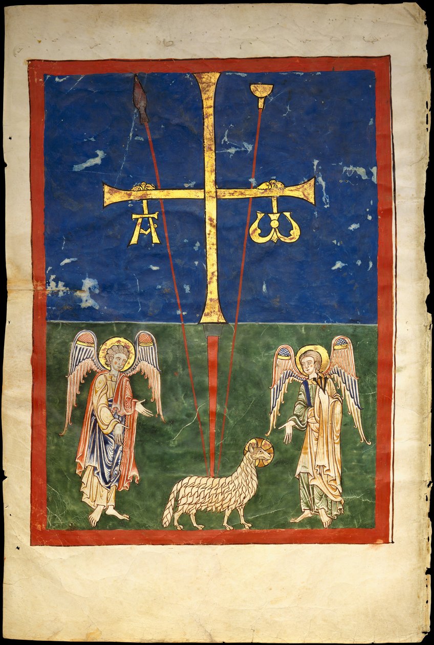 List z rukopisu Beatus: Beránek u paty kříže, lemovaný dvěma anděly..., c1180. od Unbekannt