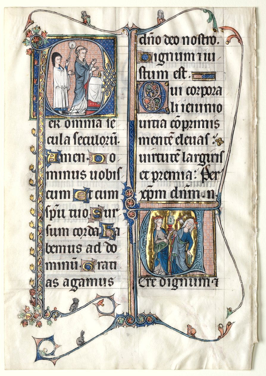 List z misálu se dvěma historickými iniciálami: Iniciála P[er omnia century saeculi]..., c. 1300 od Unbekannt