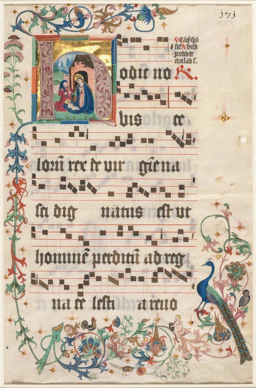List z antifonáře: Iniciála H s Narozením recto a textem verso, c. 1480. od Unbekannt