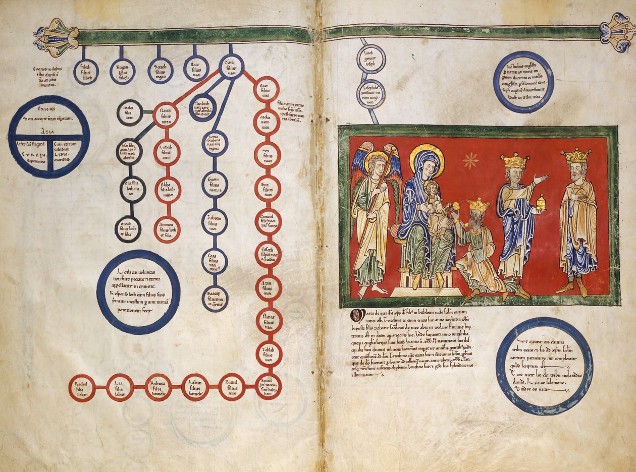 Listy z rukopisu Beatus: Bifolium s částí Kristova genealogie...ca. 1180. od Unbekannt