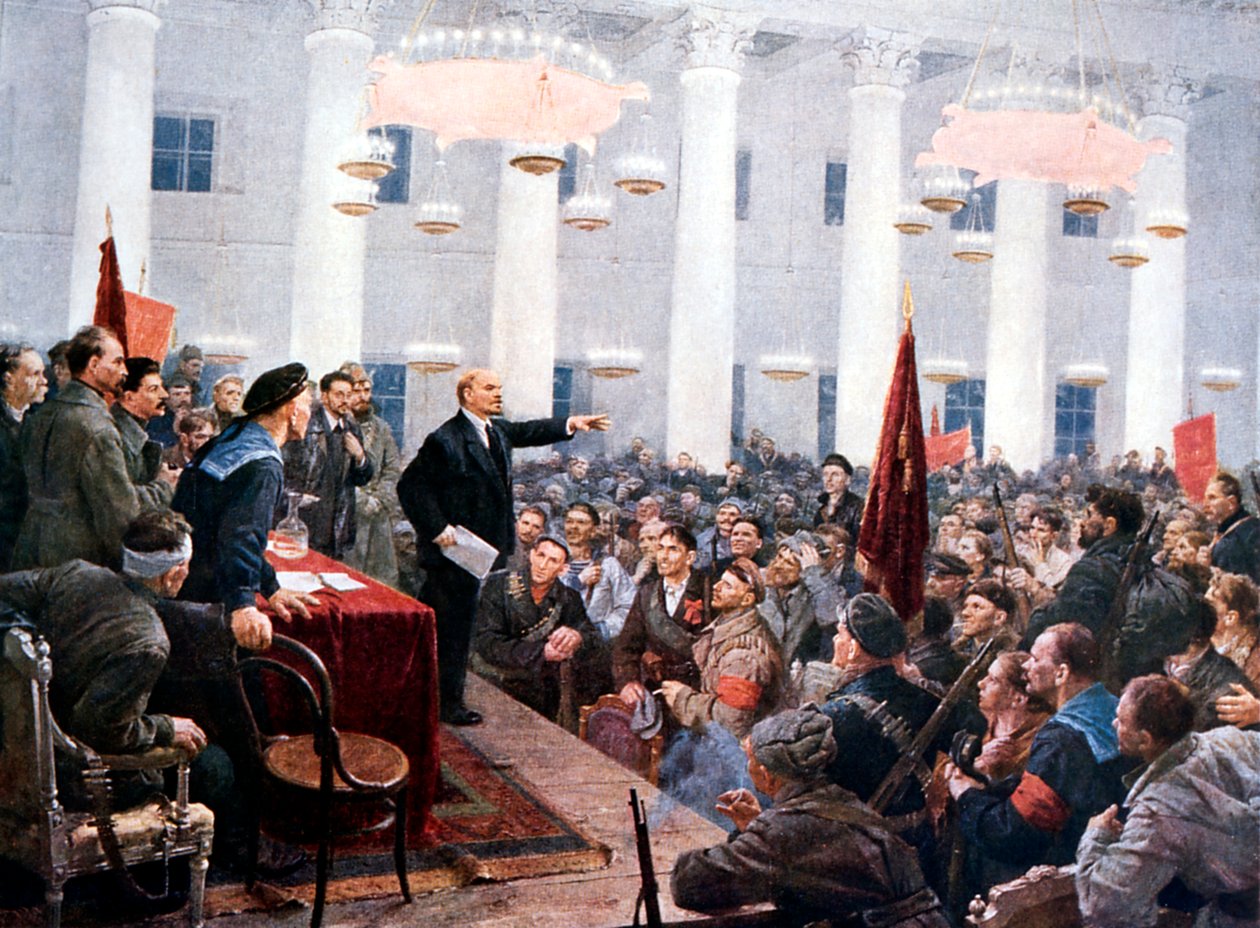 Lenin domlouvá poslancům 2. sovětského kongresu, palác Smolnyj, Petrohrad, 1917 od Unbekannt