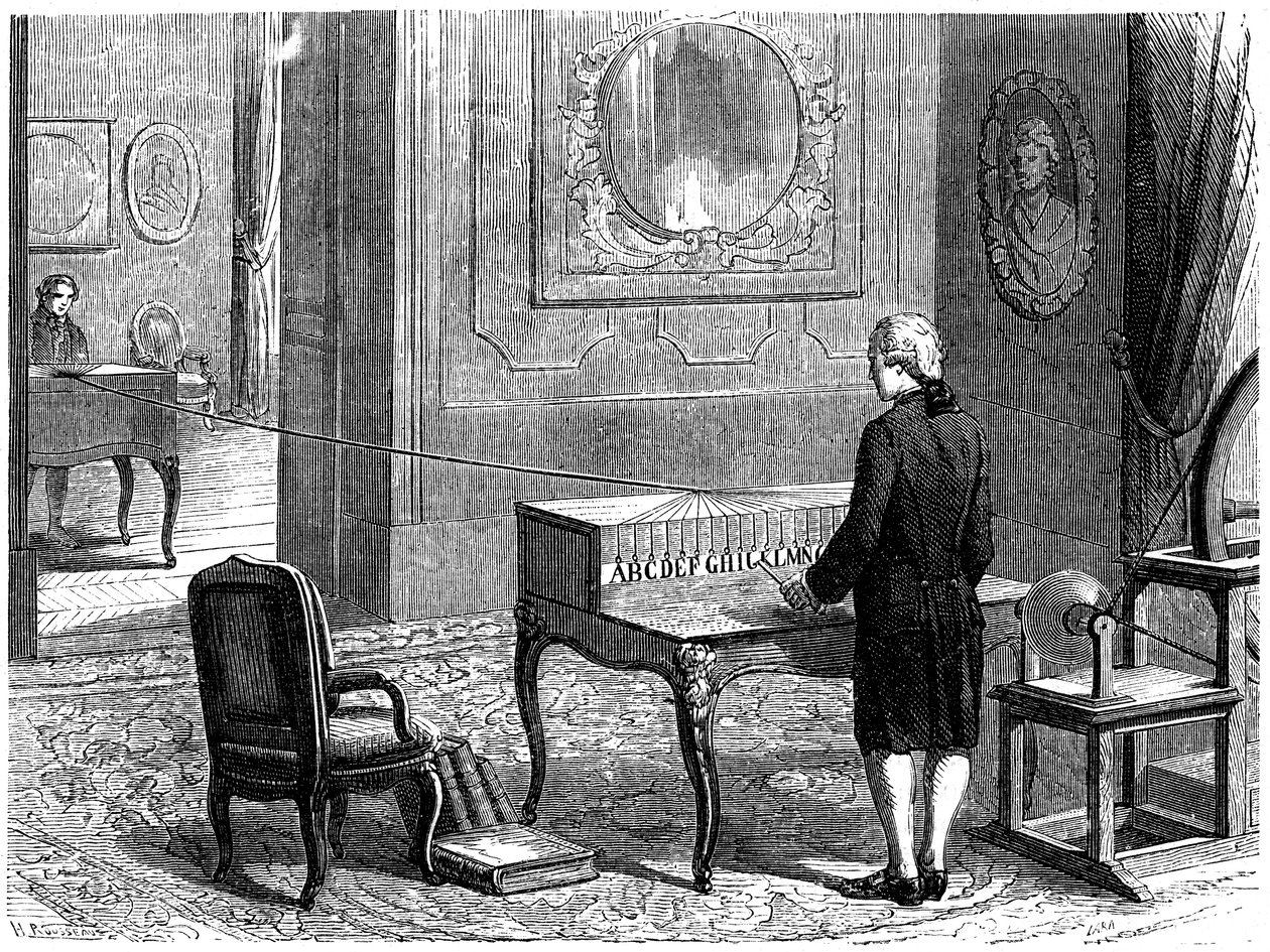 Lesage experimentoval s prvním elektrickým telegrafem, Ženeva, 1774 c1870 od Unbekannt