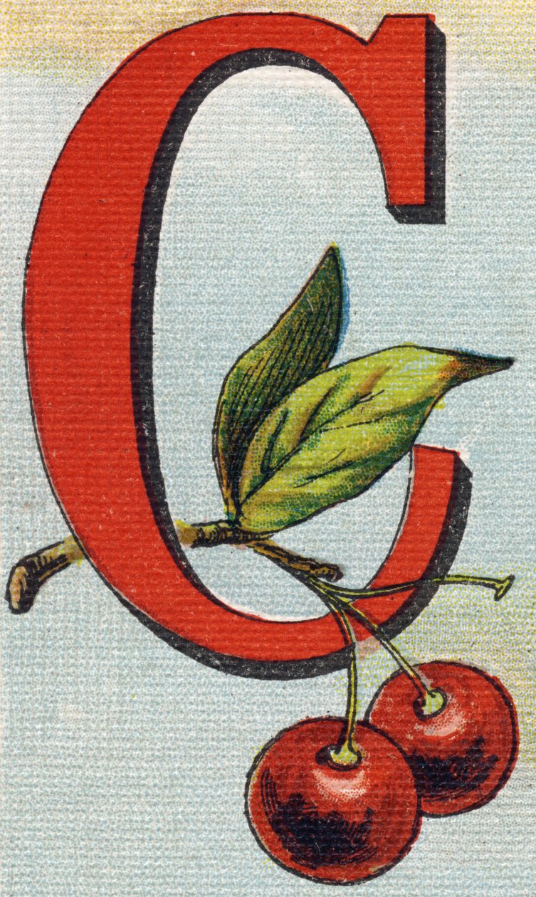 Písmeno C: třešně. Rytina "Alphabet de ma petite fille". Bernardin-Bechet a Fils, knihkupci-nakladatelé, Paříž, kolem roku 1895. Nerozbitné album na plátně. Bibliotheque des Bebes. 12 stran. Album obsahující metodu čtení a názorné abece od Unbekannt