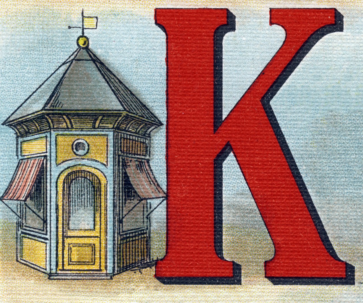 Písmeno K: kiosek. Rytina "Alphabet de ma petite fille". Bernardin-Bechet a Fils, knihkupci-nakladatelé, Paříž, kolem roku 1895. Nerozbitné album na plátně. Bibliotheque des Bebes. 12 stran. Album obsahující metodu čtení a názorný abecedář od Unbekannt