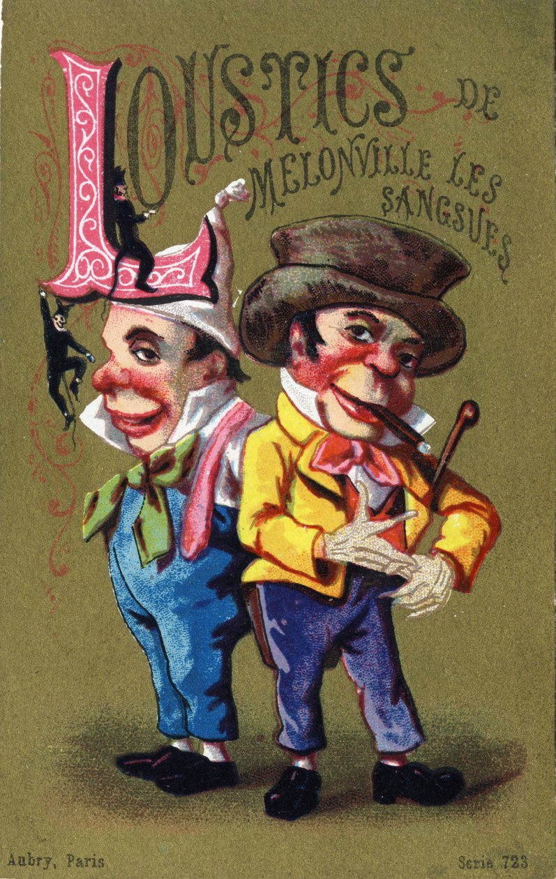 Písmeno L: Pijavice Melonville Loustics. Rytina v "Alphabet des grotesques"". Série 25 reklamních chromolitografií na dore pozadí, konec 19. století. Rozměr: 11 x 7 cm od Unbekannt
