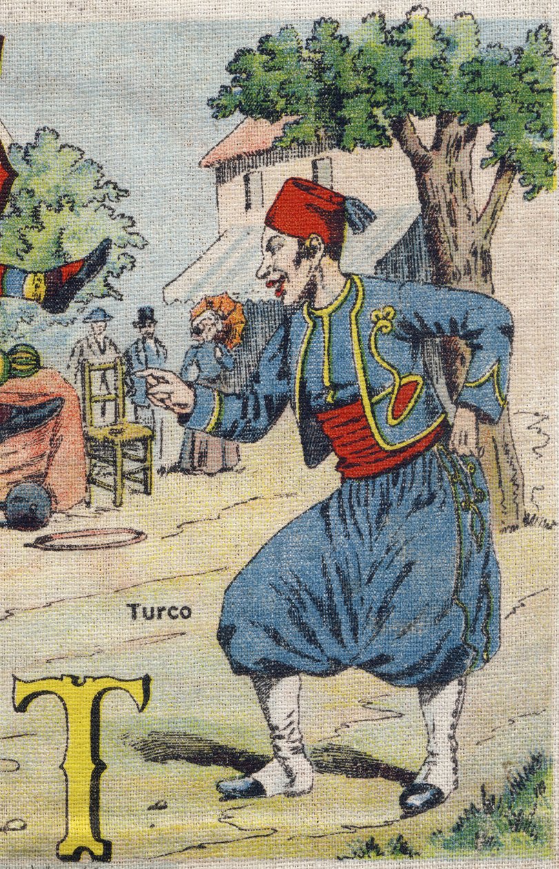 Písmeno T: Turco . Drolatické album. Série číslo 4 v albech-chromo na plátně. Chromolitografie na tkáni. Imaging Marcel Vagne, Jarville-Nancy, začátek 20. století. Rozměr: 25 x 17,5 cm od Unbekannt
