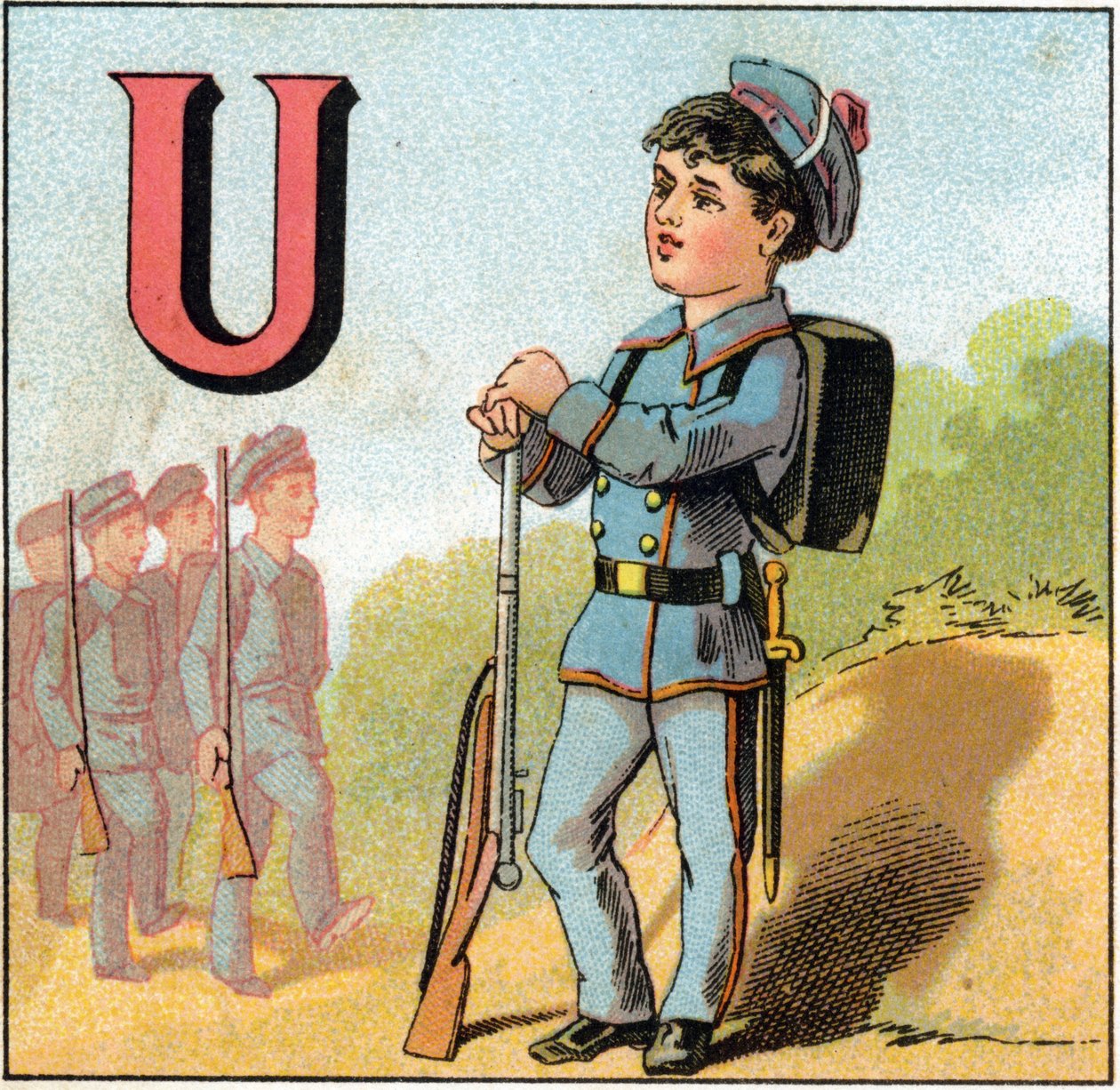 Písmeno U jako uniforma. Školák ve vojenském obleku s puškou. Rytina v "Alphabet des petits ecoliers". Imaging of Epinal, circa 1885. Privee Collection od Unbekannt