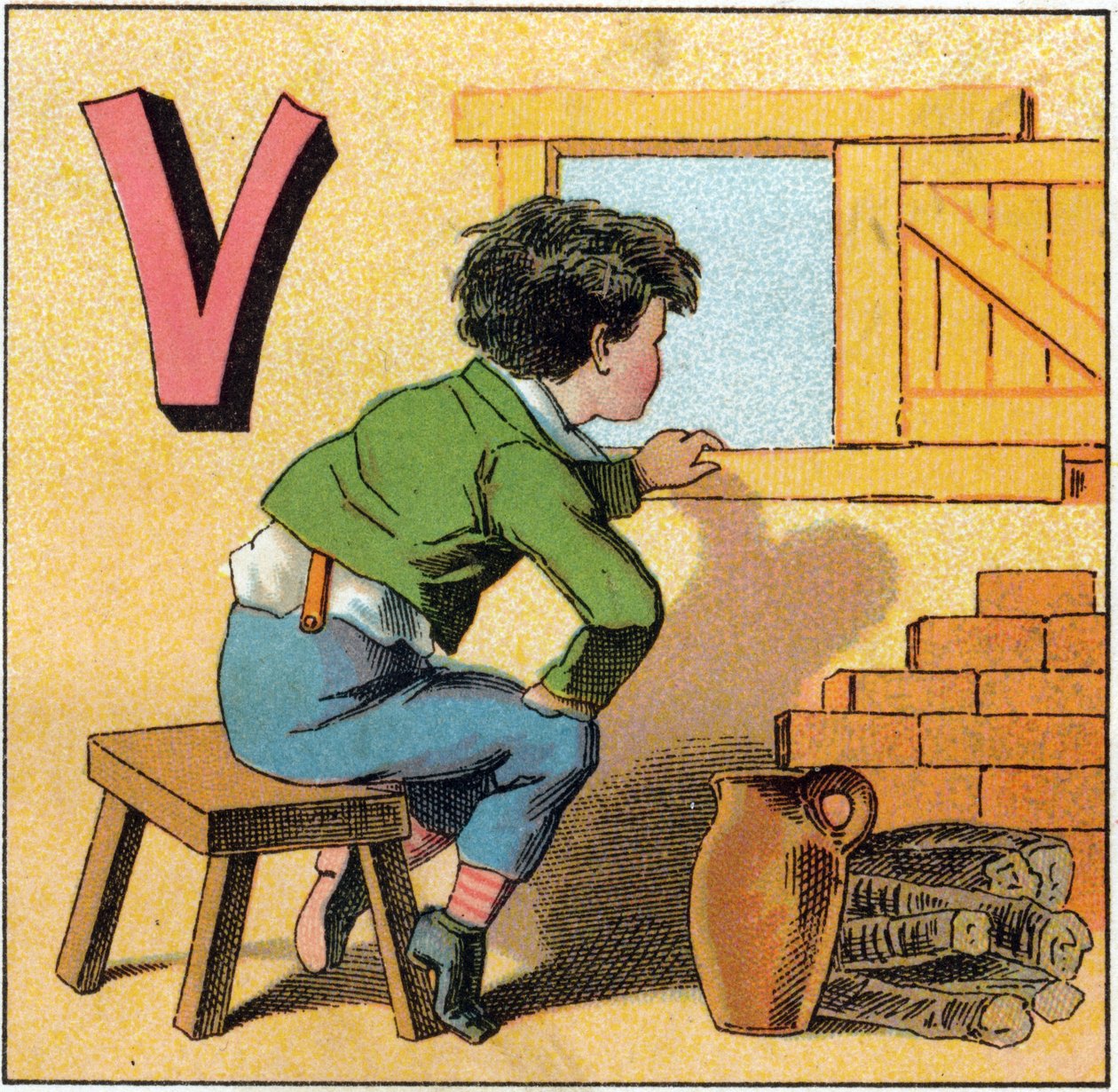 Písmeno V jako vasistas. Zvědavé dítě při pohledu z okna. Rytina v "Alphabet des petits ecoliers". Imaging of Epinal, circa 1885. Privee Collection od Unbekannt