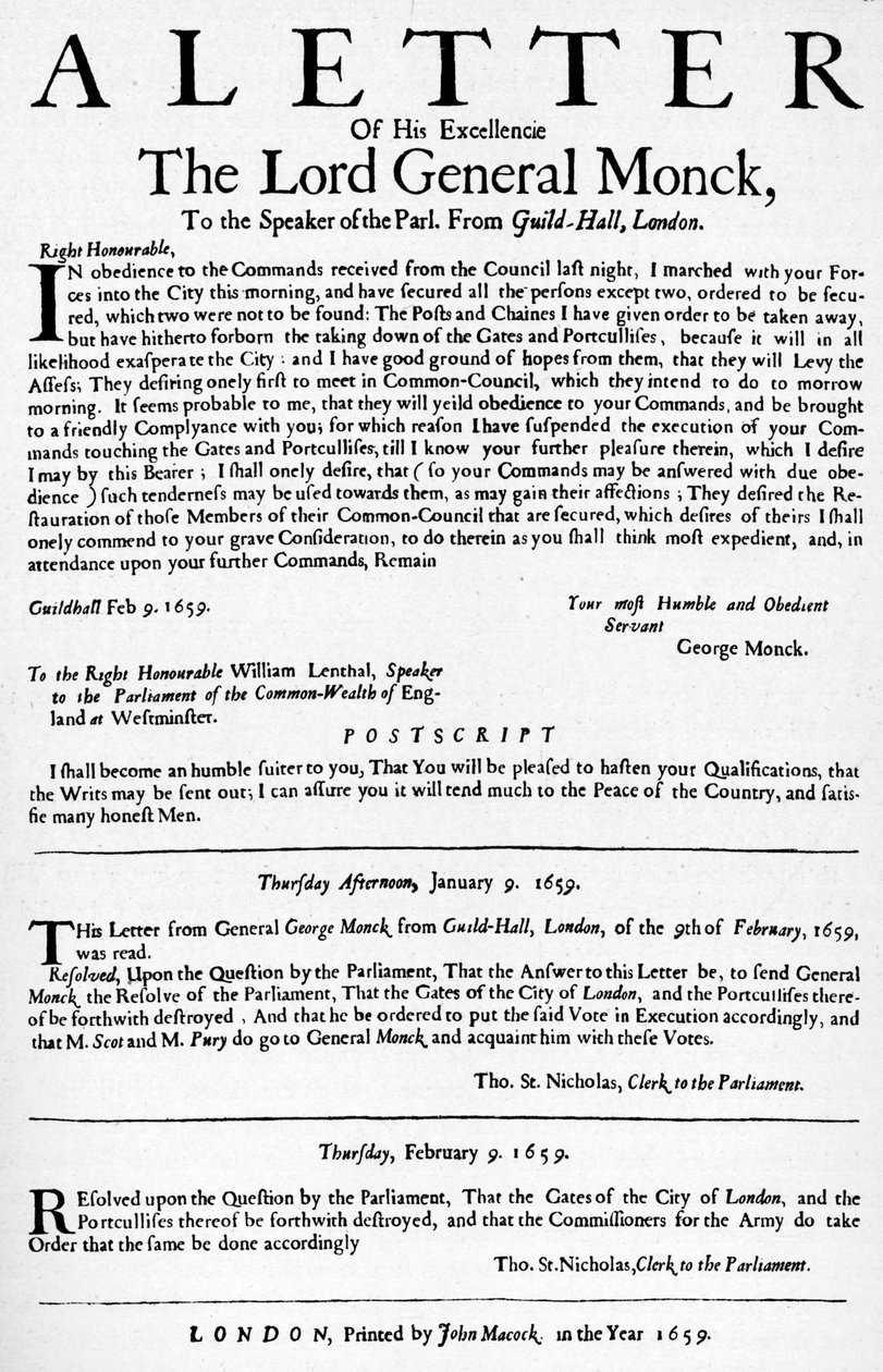 Dopis generála Moncka předsedovi Dolní sněmovny, 1659 1903 od Unbekannt