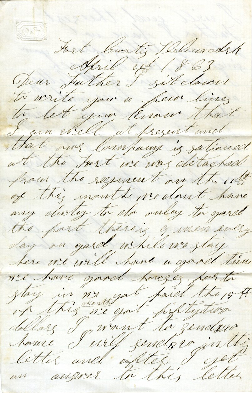 Dopis podepsaný Davidem T. Masseyem, Fort Curtis, Helena, Ark., svému otci (Nathan Massey), 21. dubna 1863 od Unbekannt