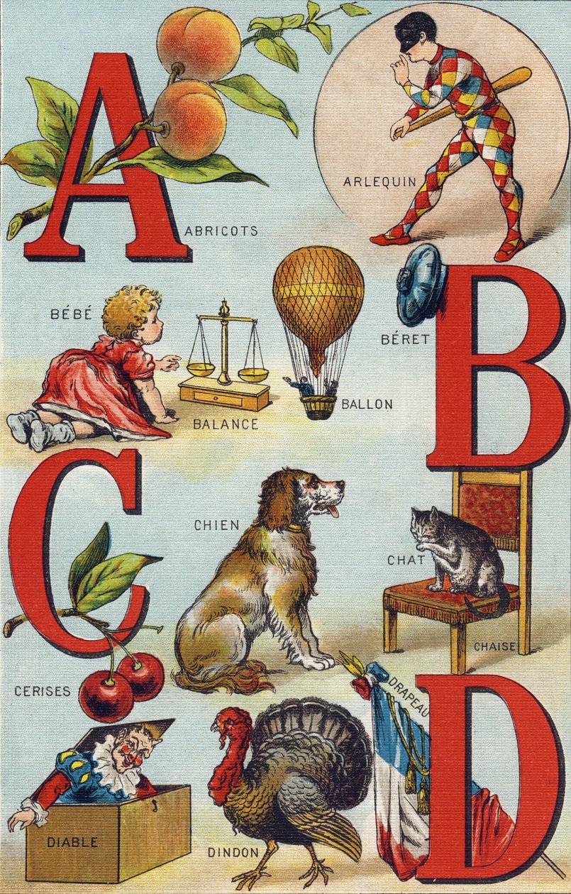 Písmena A B C D; Meruňky; Harlekýn; Zůstatek; Balón; Bebe; Třešně; Kočičí židle; Pes; Deka; Ďábel; Krocan; Vlajka. Rytina "Alphabet de ma petite fille". Bernardin-Bechet a Fils, knihkupci-nakladatelé, Paříž, kolem roku 1895. Nerozbitné album na plechovce od Unbekannt