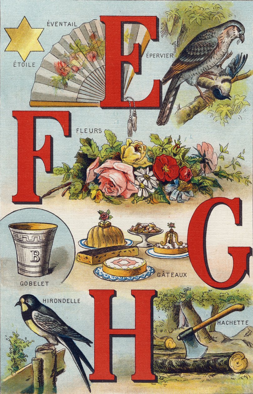 Písmena E F G H; Polykat; Fanoušek; Květiny; Dorty; Pohár; Hachette; Polykat. Rytina "Alphabet de ma petite fille". Bernardin-Bechet a Fils, knihkupci-nakladatelé, Paříž, kolem roku 1895. Nerozbitné album na plátně. Bibliotheque des Bebes. 12 stran. Album  od Unbekannt