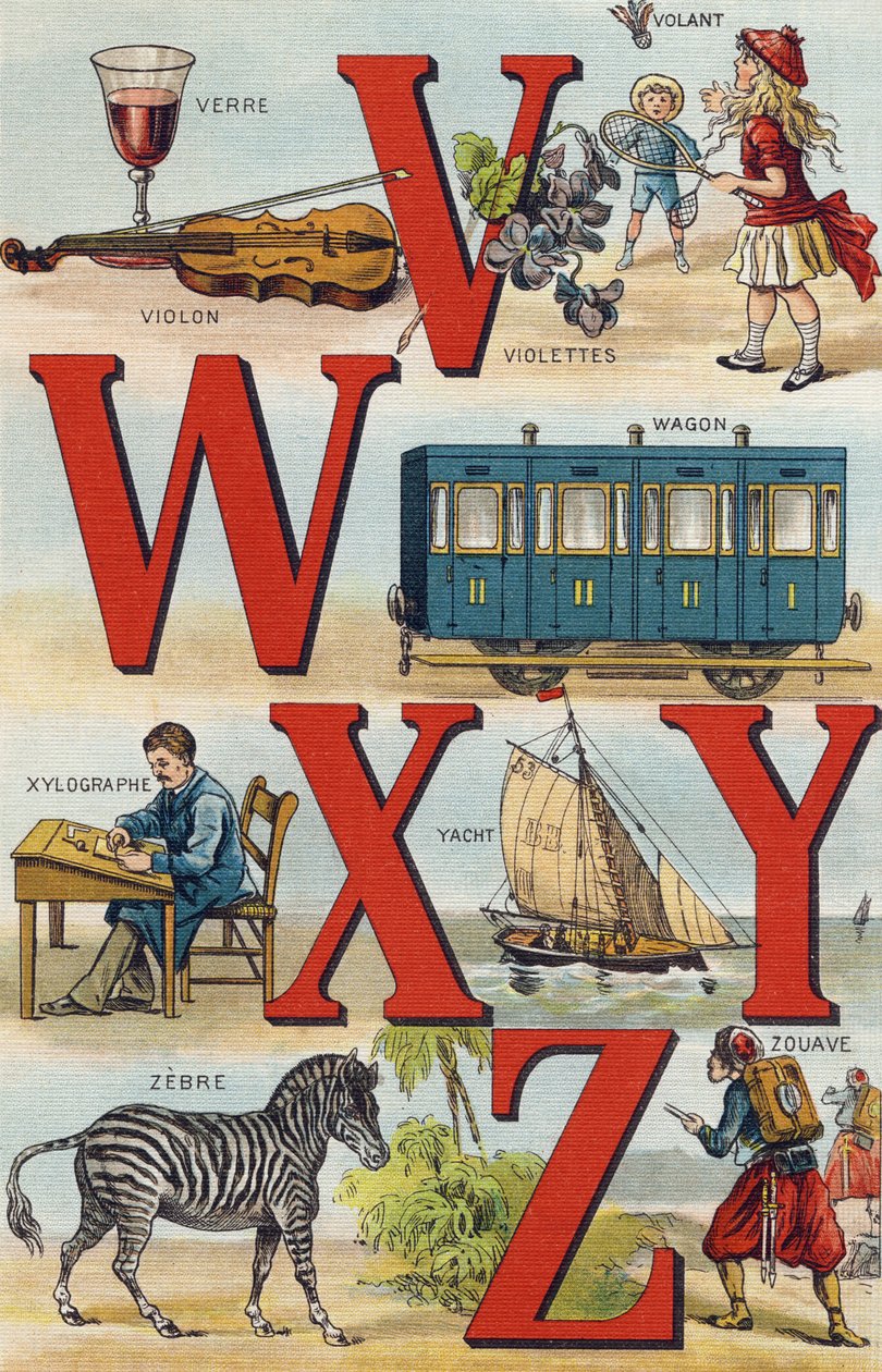 Písmena V W X Y Z; volant; Auto; Xylograf; Jachta; Zebra; Zouave. Rytina v "Abecedě mé vnučky". Bernardin-Bechet a Fils, knihkupci-nakladatelé, Paříž, kolem roku 1895. Nerozbitné album na plátně. Dětská knihovna. 12 stran. Albu od Unbekannt