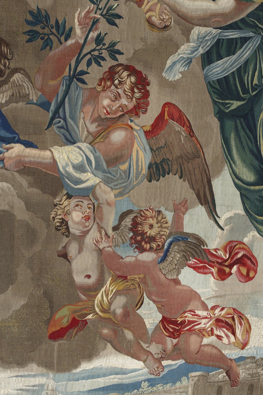 Život Panny Marie: „Korunovace Panny“ (Korunovace Panny Marie) Detail andělů Tapiserie z vlny a hedvábí vyrobené v dílně Pierra Damoura podle kreseb Charlese Poersona (1609-1667) od Unbekannt
