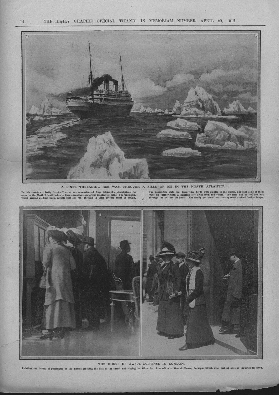 Liner v ledovém poli a lidé čekající na zprávy o katastrofě Titaniku, 20. dubna 1912. od Unbekannt