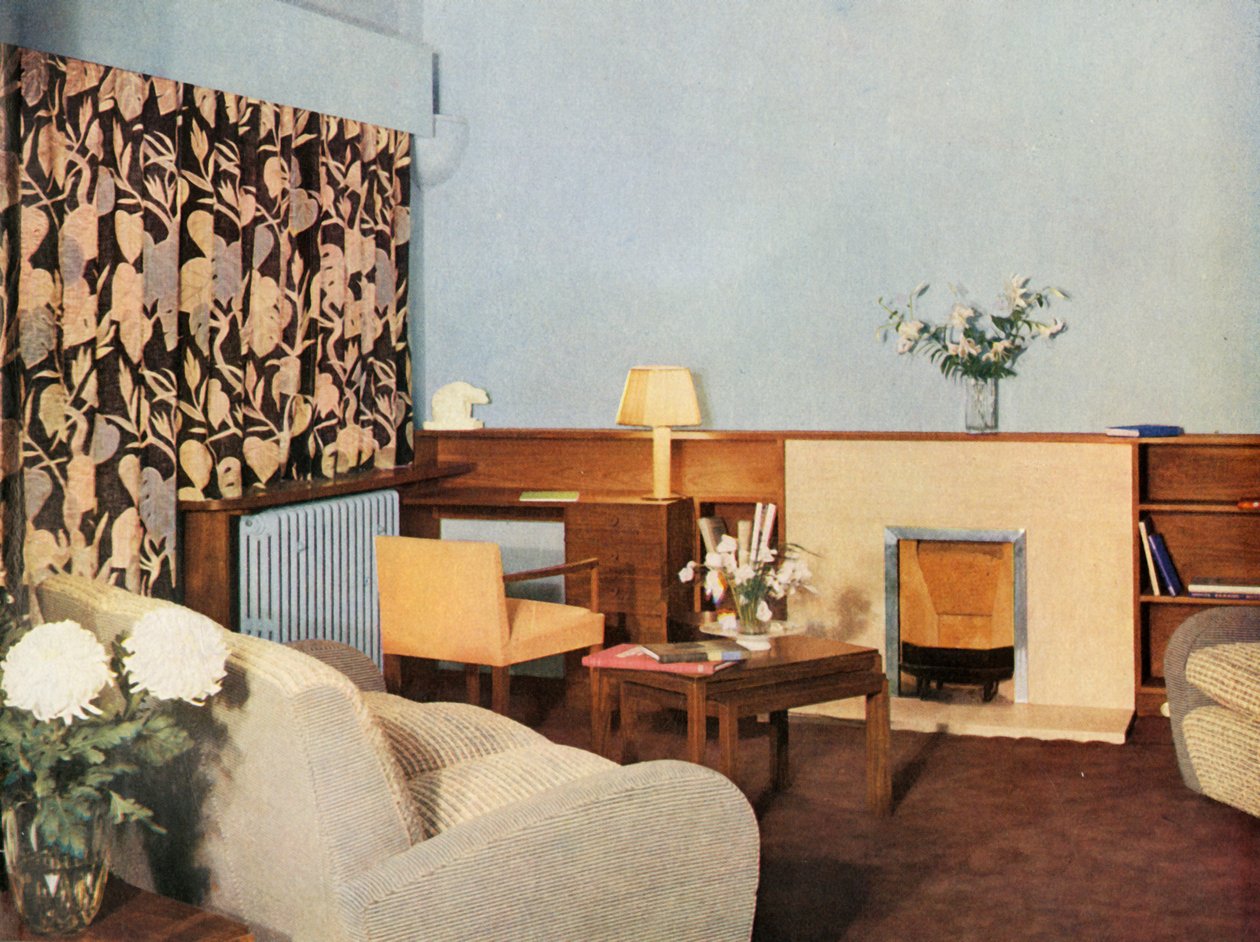 Obývací pokoj v bytě slečny Dinshawsové, Stockleigh Hall, Regents Park, Gordon Russell Ltd., 1937 od Unbekannt